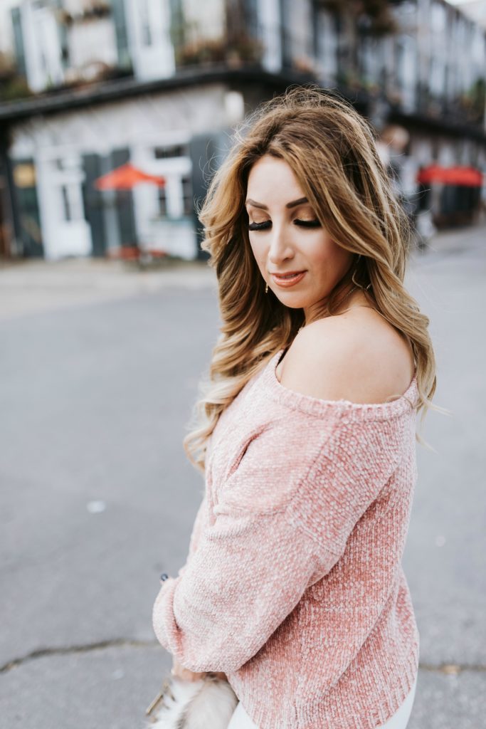 pink off the shoulder sweater ladies