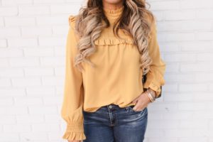 mustard long sleeve ruffle blouse
